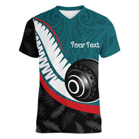 Personalised Aotearoa Lawn Bowls Women V-Neck T-Shirt Maori and Silver Fern Sporty Style Teal Color LT03 Female Teal - Polynesian Pride