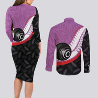 Personalised Aotearoa Lawn Bowls Couples Matching Long Sleeve Bodycon Dress and Long Sleeve Button Shirt Maori and Silver Fern Sporty Style Pink Color LT03 - Polynesian Pride