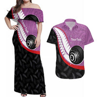 Personalised Aotearoa Lawn Bowls Couples Matching Off Shoulder Maxi Dress and Hawaiian Shirt Maori and Silver Fern Sporty Style Pink Color LT03 Pink - Polynesian Pride