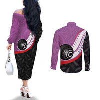 Personalised Aotearoa Lawn Bowls Couples Matching Off The Shoulder Long Sleeve Dress and Long Sleeve Button Shirt Maori and Silver Fern Sporty Style Pink Color LT03 - Polynesian Pride