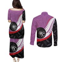 Personalised Aotearoa Lawn Bowls Couples Matching Puletasi and Long Sleeve Button Shirt Maori and Silver Fern Sporty Style Pink Color LT03 - Polynesian Pride