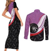 Personalised Aotearoa Lawn Bowls Couples Matching Short Sleeve Bodycon Dress and Long Sleeve Button Shirt Maori and Silver Fern Sporty Style Pink Color LT03 - Polynesian Pride