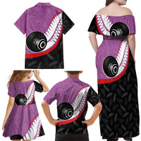 Personalised Aotearoa Lawn Bowls Family Matching Off Shoulder Maxi Dress and Hawaiian Shirt Maori and Silver Fern Sporty Style Pink Color LT03 - Polynesian Pride