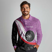 Personalised Aotearoa Lawn Bowls Long Sleeve Polo Shirt Maori and Silver Fern Sporty Style Pink Color LT03 - Polynesian Pride