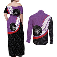 Personalised Aotearoa Lawn Bowls Couples Matching Off Shoulder Maxi Dress and Long Sleeve Button Shirt Maori and Silver Fern Sporty Style Purple Color LT03 - Polynesian Pride