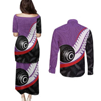 Personalised Aotearoa Lawn Bowls Couples Matching Puletasi and Long Sleeve Button Shirt Maori and Silver Fern Sporty Style Purple Color LT03 - Polynesian Pride