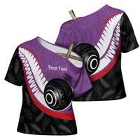Personalised Aotearoa Lawn Bowls Cross Shoulder Shirt Maori and Silver Fern Sporty Style Purple Color LT03 - Polynesian Pride