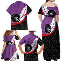 Personalised Aotearoa Lawn Bowls Family Matching Off Shoulder Maxi Dress and Hawaiian Shirt Maori and Silver Fern Sporty Style Purple Color LT03 - Polynesian Pride