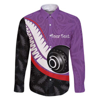 Personalised Aotearoa Lawn Bowls Family Matching Off Shoulder Maxi Dress and Hawaiian Shirt Maori and Silver Fern Sporty Style Purple Color LT03 Dad's Shirt - Long Sleeve Purple - Polynesian Pride