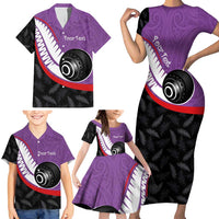 Personalised Aotearoa Lawn Bowls Family Matching Short Sleeve Bodycon Dress and Hawaiian Shirt Maori and Silver Fern Sporty Style Purple Color LT03 - Polynesian Pride
