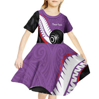 Personalised Aotearoa Lawn Bowls Kid Short Sleeve Dress Maori and Silver Fern Sporty Style Purple Color LT03 - Polynesian Pride
