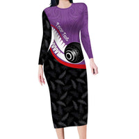 Personalised Aotearoa Lawn Bowls Long Sleeve Bodycon Dress Maori and Silver Fern Sporty Style Purple Color LT03 Long Dress Purple - Polynesian Pride