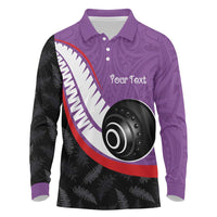 Personalised Aotearoa Lawn Bowls Long Sleeve Polo Shirt Maori and Silver Fern Sporty Style Purple Color LT03 Purple - Polynesian Pride