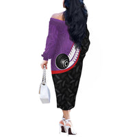 Personalised Aotearoa Lawn Bowls Off The Shoulder Long Sleeve Dress Maori and Silver Fern Sporty Style Purple Color LT03 - Polynesian Pride