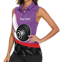 Personalised Aotearoa Lawn Bowls Women Sleeveless Polo Shirt Maori and Silver Fern Sporty Style Purple Color LT03 - Polynesian Pride