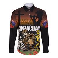 New Zealand and Australia ANZAC Day Long Sleeve Button Shirt Soldier and Last Post Camouflage Pattern LT03 Unisex Black - Polynesian Pride