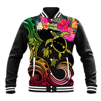 Hawaii Turtle Day Baseball Jacket Polynesian Tattoo and Hibiscus Flowers