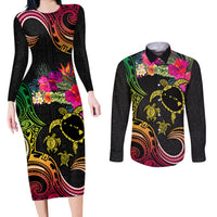 Hawaii Turtle Day Couples Matching Long Sleeve Bodycon Dress and Long Sleeve Button Shirt Polynesian Tattoo and Hibiscus Flowers