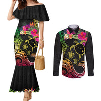 Hawaii Turtle Day Couples Matching Mermaid Dress and Long Sleeve Button Shirt Polynesian Tattoo and Hibiscus Flowers LT03 Black - Polynesian Pride