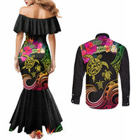 Hawaii Turtle Day Couples Matching Mermaid Dress and Long Sleeve Button Shirt Polynesian Tattoo and Hibiscus Flowers LT03 - Polynesian Pride