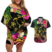 Hawaii Turtle Day Couples Matching Off Shoulder Short Dress and Hawaiian Shirt Polynesian Tattoo and Hibiscus Flowers LT03 Black - Polynesian Pride