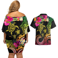 Hawaii Turtle Day Couples Matching Off Shoulder Short Dress and Hawaiian Shirt Polynesian Tattoo and Hibiscus Flowers LT03 - Polynesian Pride