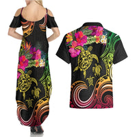 Hawaii Turtle Day Couples Matching Summer Maxi Dress and Hawaiian Shirt Polynesian Tattoo and Hibiscus Flowers LT03 - Polynesian Pride