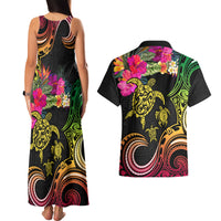 Hawaii Turtle Day Couples Matching Tank Maxi Dress and Hawaiian Shirt Polynesian Tattoo and Hibiscus Flowers