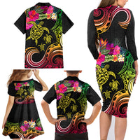 Hawaii Turtle Day Family Matching Long Sleeve Bodycon Dress and Hawaiian Shirt Polynesian Tattoo and Hibiscus Flowers