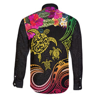 Hawaii Turtle Day Family Matching Long Sleeve Bodycon Dress and Hawaiian Shirt Polynesian Tattoo and Hibiscus Flowers