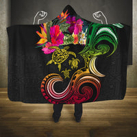Hawaii Turtle Day Hooded Blanket Polynesian Tattoo and Hibiscus Flowers