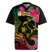 Hawaii Turtle Day Rugby Jersey Polynesian Tattoo and Hibiscus Flowers