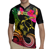 Hawaii Turtle Day Rugby Jersey Polynesian Tattoo and Hibiscus Flowers