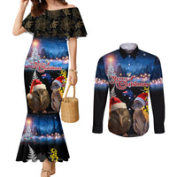 New Zealand and Australia Merry Christmas Couples Matching Mermaid Dress and Long Sleeve Button Shirt Kiwi Bird and Kangaroo Xmas Vibe LT03 Black - Polynesian Pride
