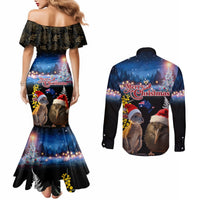 New Zealand and Australia Merry Christmas Couples Matching Mermaid Dress and Long Sleeve Button Shirt Kiwi Bird and Kangaroo Xmas Vibe LT03 - Polynesian Pride