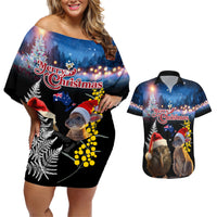 New Zealand and Australia Merry Christmas Couples Matching Off Shoulder Short Dress and Hawaiian Shirt Kiwi Bird and Kangaroo Xmas Vibe LT03 Black - Polynesian Pride