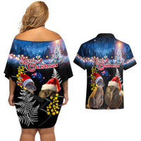New Zealand and Australia Merry Christmas Couples Matching Off Shoulder Short Dress and Hawaiian Shirt Kiwi Bird and Kangaroo Xmas Vibe LT03 - Polynesian Pride