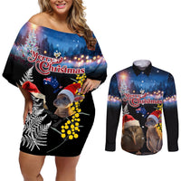 New Zealand and Australia Merry Christmas Couples Matching Off Shoulder Short Dress and Long Sleeve Button Shirt Kiwi Bird and Kangaroo Xmas Vibe LT03 Black - Polynesian Pride