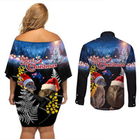 New Zealand and Australia Merry Christmas Couples Matching Off Shoulder Short Dress and Long Sleeve Button Shirt Kiwi Bird and Kangaroo Xmas Vibe LT03 - Polynesian Pride