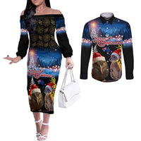 New Zealand and Australia Merry Christmas Couples Matching Off The Shoulder Long Sleeve Dress and Long Sleeve Button Shirt Kiwi Bird and Kangaroo Xmas Vibe LT03 Black - Polynesian Pride