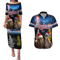 New Zealand and Australia Merry Christmas Couples Matching Puletasi and Hawaiian Shirt Kiwi Bird and Kangaroo Xmas Vibe LT03 Black - Polynesian Pride