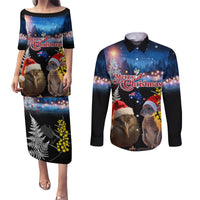 New Zealand and Australia Merry Christmas Couples Matching Puletasi and Long Sleeve Button Shirt Kiwi Bird and Kangaroo Xmas Vibe LT03 Black - Polynesian Pride
