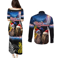 New Zealand and Australia Merry Christmas Couples Matching Puletasi and Long Sleeve Button Shirt Kiwi Bird and Kangaroo Xmas Vibe LT03 - Polynesian Pride