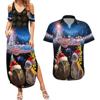 New Zealand and Australia Merry Christmas Couples Matching Summer Maxi Dress and Hawaiian Shirt Kiwi Bird and Kangaroo Xmas Vibe LT03 Black - Polynesian Pride