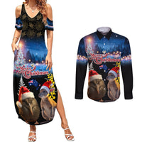 New Zealand and Australia Merry Christmas Couples Matching Summer Maxi Dress and Long Sleeve Button Shirt Kiwi Bird and Kangaroo Xmas Vibe LT03 Black - Polynesian Pride