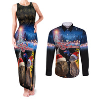 New Zealand and Australia Merry Christmas Couples Matching Tank Maxi Dress and Long Sleeve Button Shirt Kiwi Bird and Kangaroo Xmas Vibe LT03 Black - Polynesian Pride