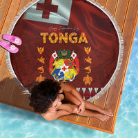 Tonga Independence Day Beach Blanket National Flag and Emblem with Ngatu Art Pattern