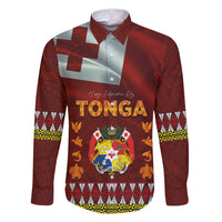 Tonga Independence Day Family Matching Long Sleeve Bodycon Dress and Hawaiian Shirt National Flag and Emblem with Ngatu Art Pattern LT03 Dad's Shirt - Long Sleeve Red - Polynesian Pride