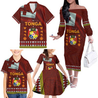 Tonga Independence Day Family Matching Off The Shoulder Long Sleeve Dress and Hawaiian Shirt National Flag and Emblem with Ngatu Art Pattern LT03 - Polynesian Pride
