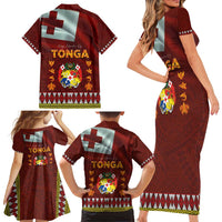 Tonga Independence Day Family Matching Short Sleeve Bodycon Dress and Hawaiian Shirt National Flag and Emblem with Ngatu Art Pattern LT03 - Polynesian Pride